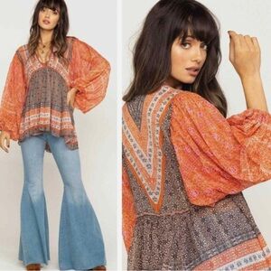 NWT Free People Aliyah Print Blouse, Size Small, Orange Black Combo